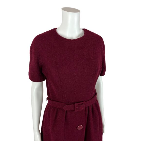 Vintage 60s Wool Dress Women's Medium Cranberry Short Sleeve Mod Sheath - Picture 5 of 11
